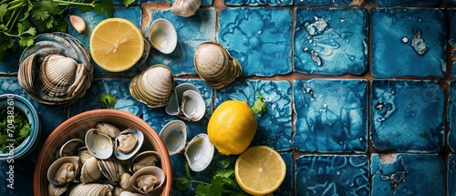 Portuguese Amêijoas à Bulhão Pato Ingredients on Blue Tiles

