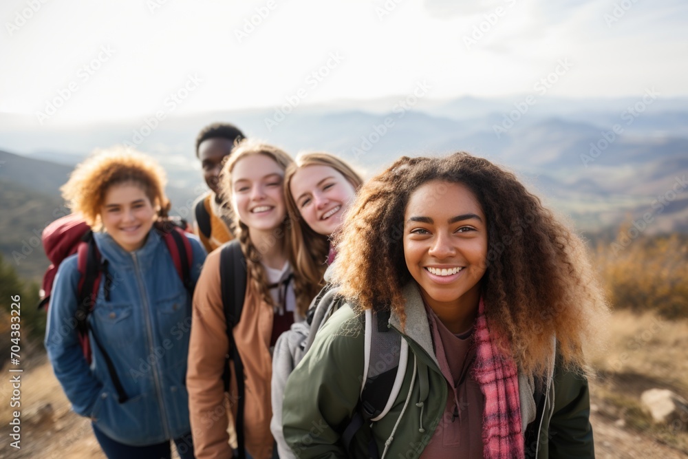 Group of diverse friends on a mountaintop Group of diverse friends on a mountaintop