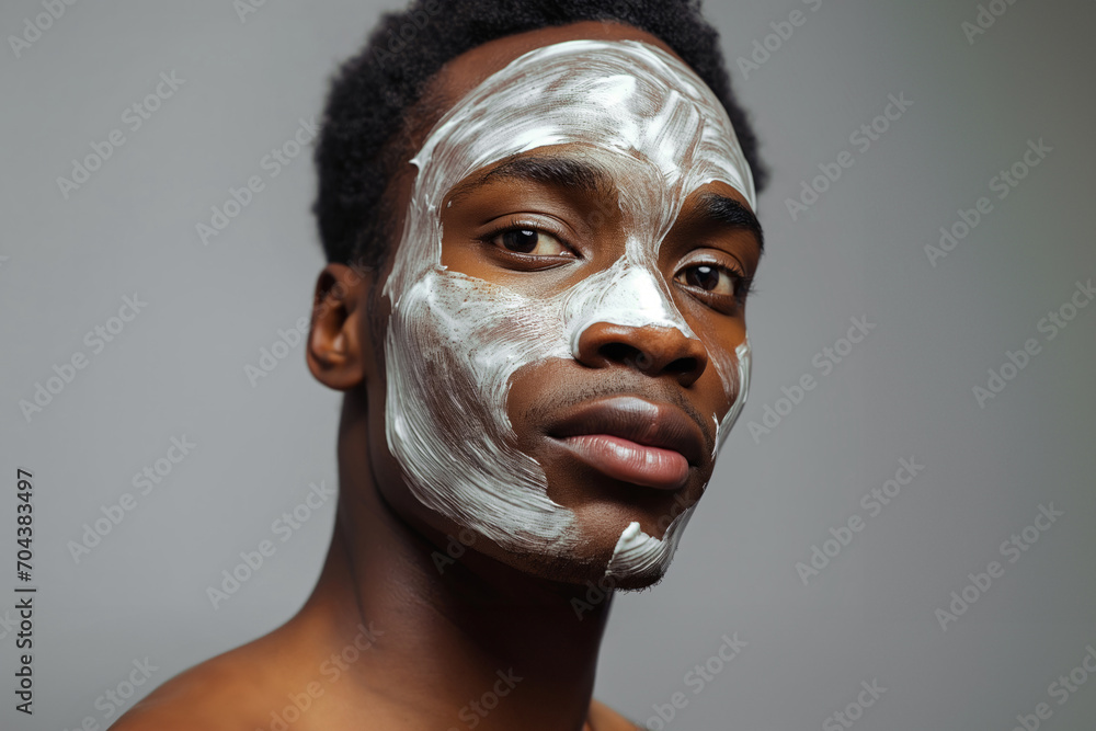 Handsome young African American man with facial mask looking at camera against grey background Handsome young African American man with facial mask looking at camera against grey background