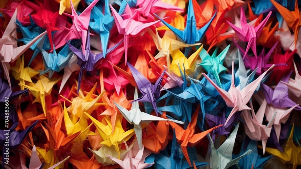 A collection of differently sized and brightly colored origami paper cranes, delicately arranged to form an artistic and uplifting composition. - obrazy, fototapety, plakaty 