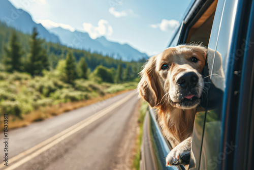 Dog enjoying traveling by car. Happy dog in the car window with the wind