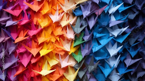 A collection of differently sized and brightly colored origami paper cranes, delicately arranged to form an artistic and uplifting composition. photo