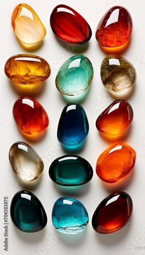 A collection of polished gemstones with vibrant colors and reflective surfaces, arranged to showcase their individual characteristics.