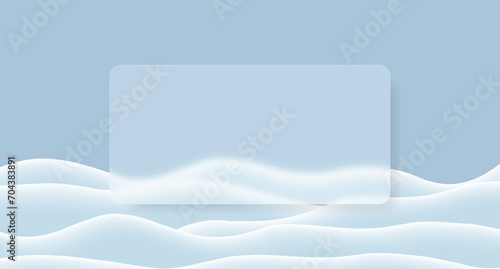 Glassmorphism background banner with transparent glass frame. Natural winter background with square blurry glass effect. Empty snowbanks field. Frozen hills