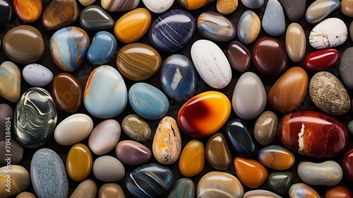 A collection of smooth river stones in various sizes, adorned with a palette of pretty colors, arranged along the water's edge.