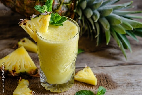 Pineapple Smoothie with Mint on Rustic Background

