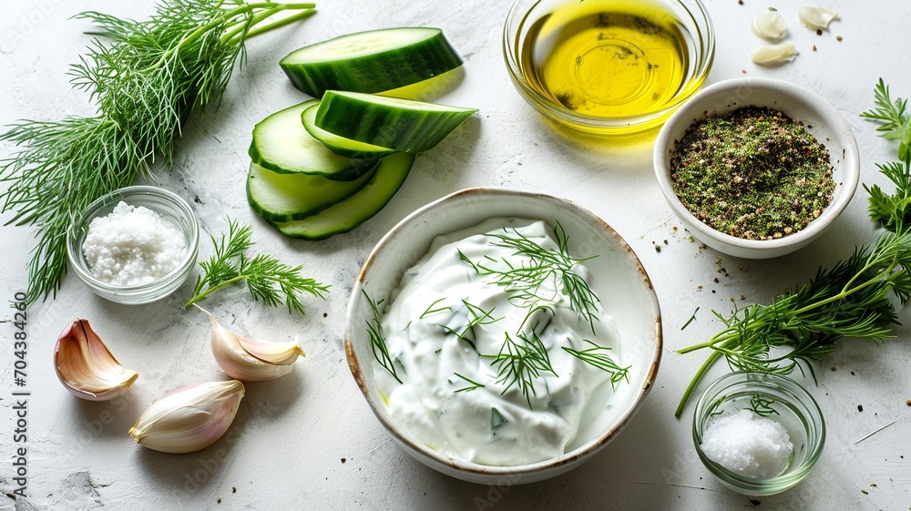 Greek Tzatziki Ingredients on White Ceramic Surface
Greek Tzatziki Ingredients on White Ceramic Surface