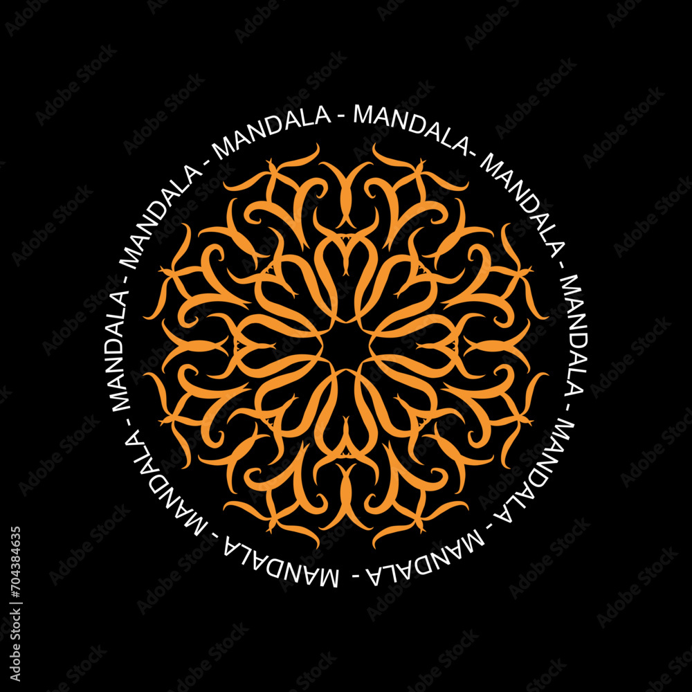 Round mandala on black isolated background for fabric