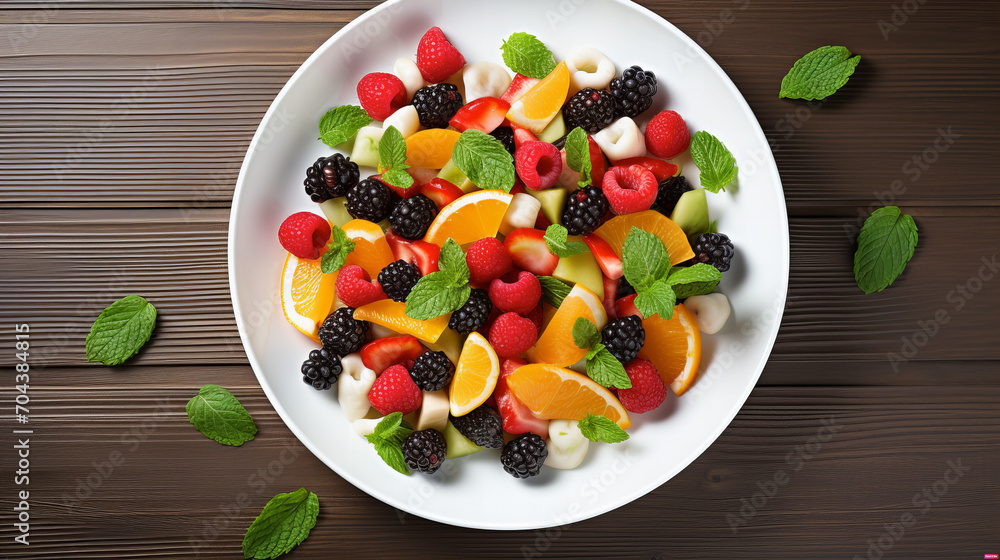 Healthy fresh fruit salad in a glass bowl with berries, raspberries, blueberry, blackberry, orange, kiwi, side vie, copy space	