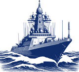 Monochromatic engraving vector art featuring a formidable naval vessel at sea