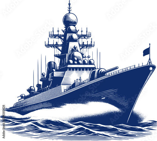 Monochromatic engraving illustration in vector form featuring a mighty warship at sea
