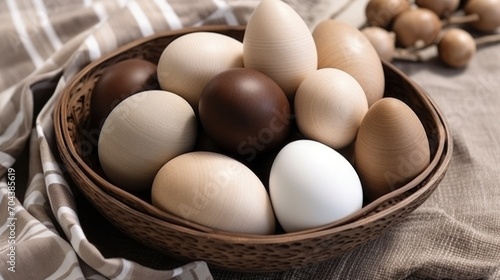 brown, beige. Traditional Easter colored eggs. natural colors, eco-friendly. The table is set for the holiday