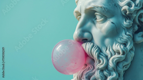 Close-Up of White Plato Statue with Beard Blowing Pink Bubble Gum on Pale Blue Background