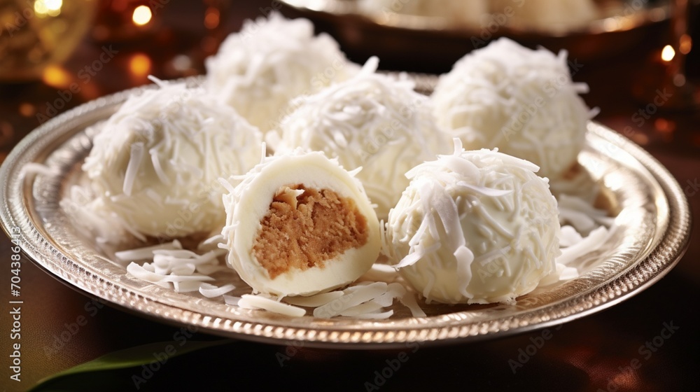 A picturesque shot of Ferrero Raffaellofeaturing the coconut-almond confection with its white chocolate coatingperfect for a delightful and tropical treat.