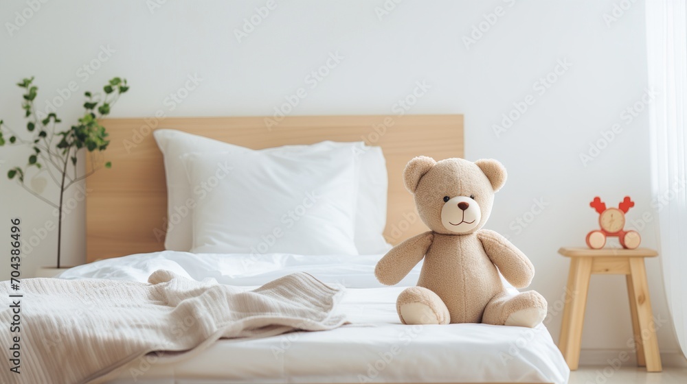 A cute teddy bear sits on a white bed in a cozy bedroom A cute teddy bear sits on a white bed in a cozy bedroom