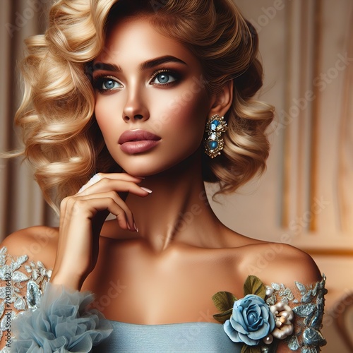 Beautiful woman with blond hair and elegant fashion style