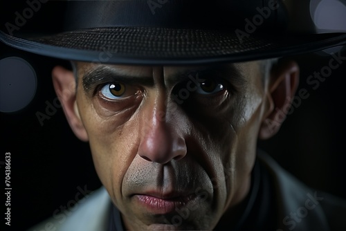 Italian Gangster from Chicago, mafia boss in hat, dramatic closeup portrait of mafioso