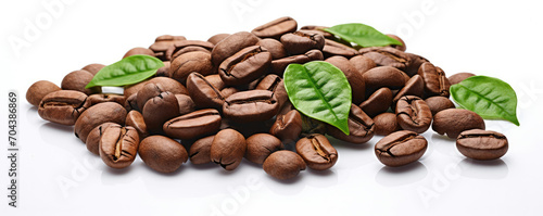 Heap of Coffee Beans With Fresh Green Leaves, Organic Ingredient Close Up