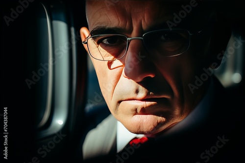 Close-Up Dramatic Portrait of Solid Caucasian Man in Suit And Eyeglasses in Car
