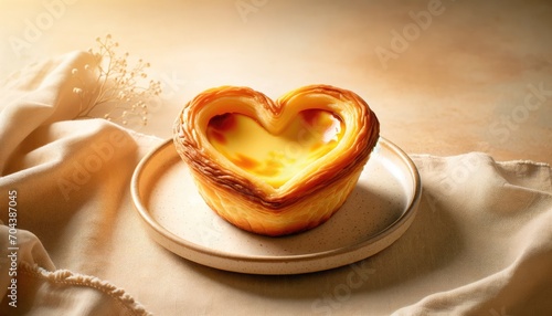 Valentine's Day Background. Heart-shaped Pastel de Nata (Portuguese custard tart)