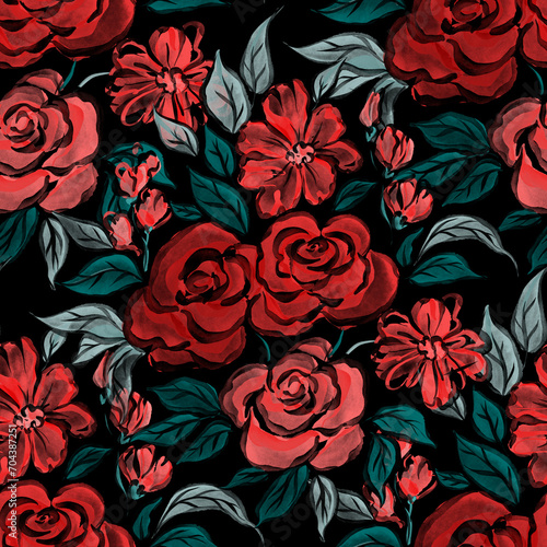 Watercolor seamless pattern with spring floral bouquets. Vintage botanical il...
