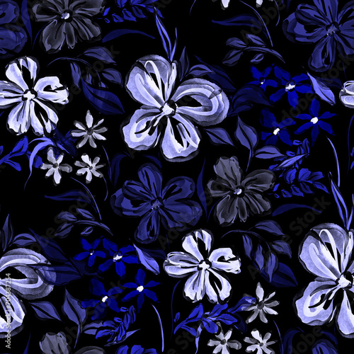 Watercolor seamless pattern with spring floral bouquets. Vintage botanical il...