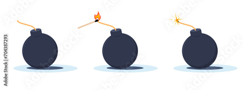 Bombs with burning wick and match with fire. Round black military element. Explosive dynamite. Explosive device. Ready to explode weapon. Tnt boom, cartoon flat isolated vector concept