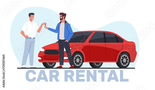 Car rental concept, salon manager gives keys car to client. Automobile sharing service. Rent auto agency. City transport. Man buying vehicle cartoon flat isolated vector illustration