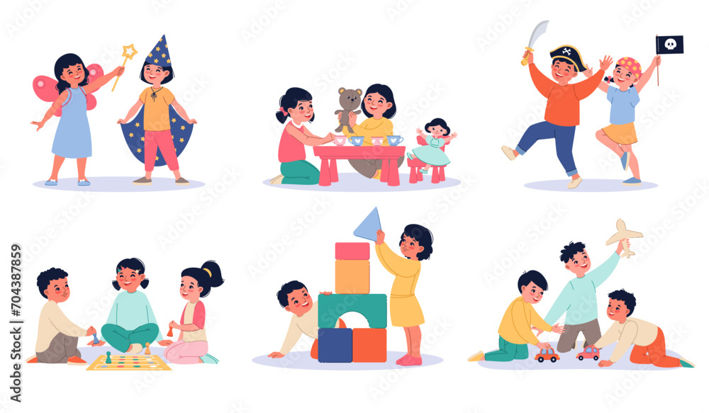 Children playing. Cartoon happy kids with different toys, group activity, girls and boys socialization, creative moving games. Indoor nursery fun. Friends in preschool or kindergarten. Vector set