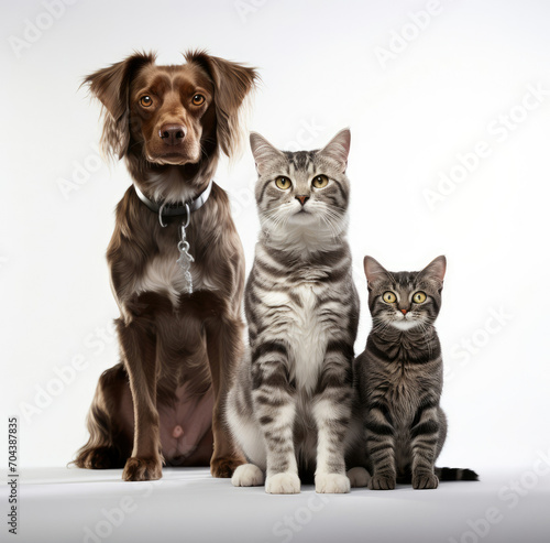 Dog and Two Cats Sitting Together on the Floor, Domestic Pets in Harmonious Coexistence