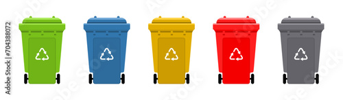 Set of dustbin with recycle symbol. Colorful trash cans with recycling icon. Dustbin with wheel for recycling different types of waste. Waste sorting containers. Vector illustration.