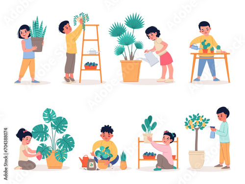 Cute kids care plants. Children in home watering, loosening and planting in pots flowers, domestic floriculture and gardening, little gardeners girls and boys. Cartoon flat vector set