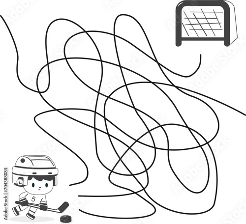 Maze or Labyrinth Game. Puzzle. Help a cartoon hockey player score a goal in this fun and challenging maze puzzle for kids.
