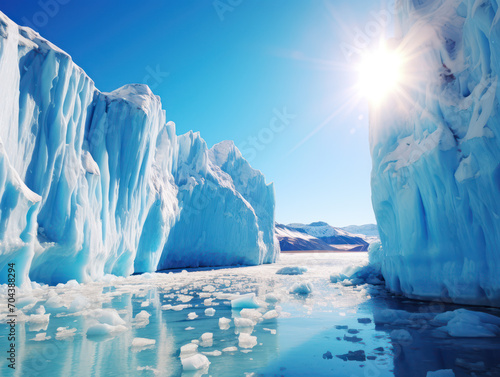 winter nature with blue ice shards and huge floating ice cliffs at the north pole