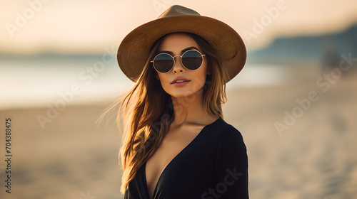 portrait of beautiful young tanned woman standing on the beach facing the camera styled with a hat and a sunglasses
