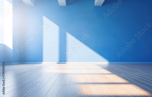 Blue empty room with sunlight shining through the window