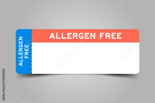 Blue and orange color ticket with word allergen free and white copy space