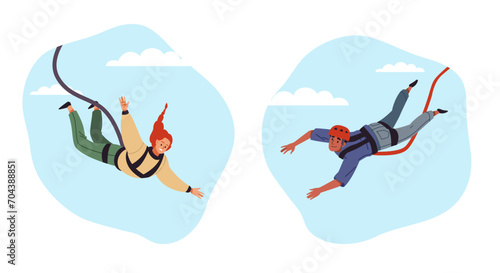 Guy and girl jumping down from bungee cord. Extreme sport, man and woman falling in air. Adrenaline dangerous adventures. Risk leisure time activity cartoon flat isolated vector concept