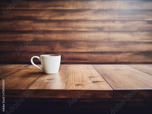 White ceramic coffee cup on a wooden table with a wood grain background