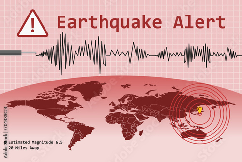 Earthquake alert concept with pulsation epicenter location mark and world map. Vector illustration.