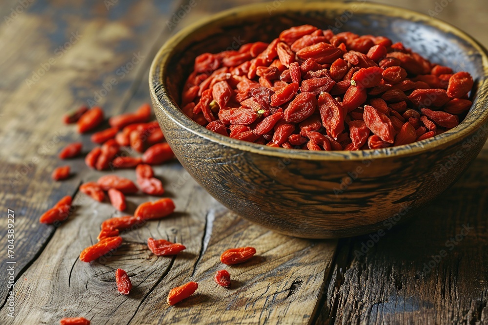 Goji Berry Crop in Bowl on Rustic Wooden Table
Goji Berry Crop in Bowl on Rustic Wooden Table
