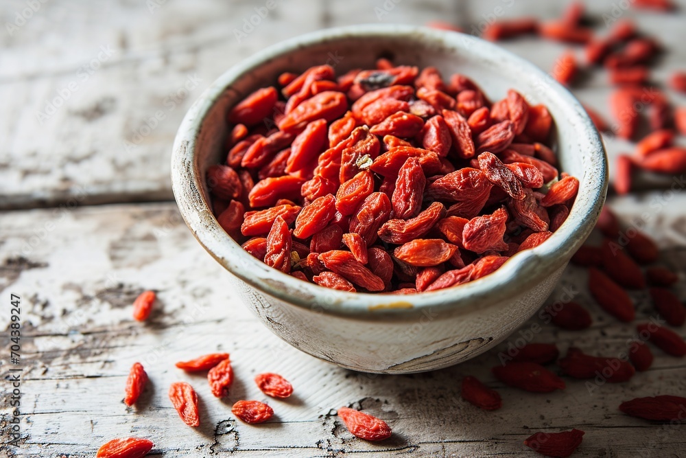 Goji Berry Crop in Bowl on Rustic Wooden Table
Goji Berry Crop in Bowl on Rustic Wooden Table