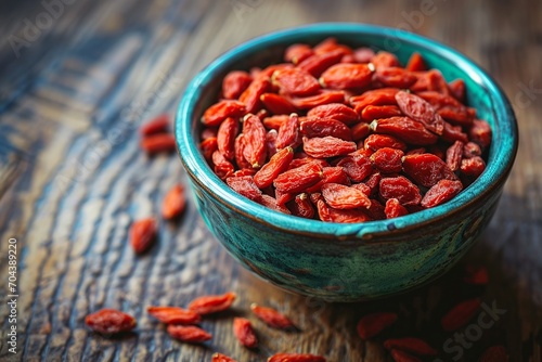 Goji Berry Crop in Bowl on Rustic Wooden Table