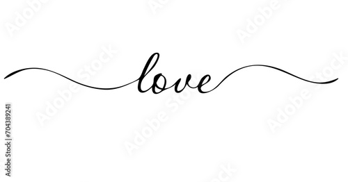 The word Love is written in handwriting, calligraphy. There are wavy lines on the sides that make the text fly. Black text on a white background. As decorations for posters, banners, postcards 