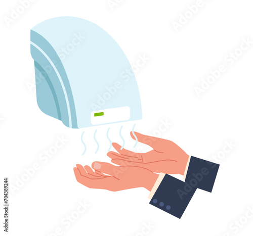 Hands are dried under warm air coming from hand dryer. Electric automatic equipment for restroom. Hygienic sanitation device machine for lavatory. Cartoon flat isolated vector concept