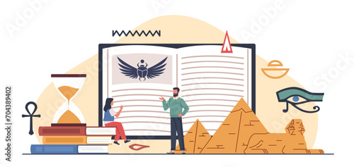 History lesson. Teacher tells student about ancient egypt, civilization development, school subject, culture element, ancient Egyptian civilization, cartoon flat nowaday vector concept