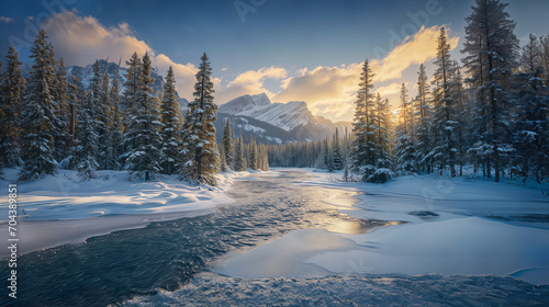 A serene winter landscape depicting a partially frozen river winding through snow-covered pine trees against a backdrop of majestic mountains and a vibrant sunset.