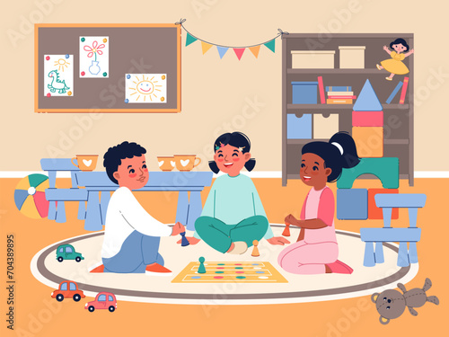 Kids playing in room. Little children move chips around map, primary school and kindergarten, cute friends play group game, girls and boy sitting on carpet cartoon flat illustration, vector concept