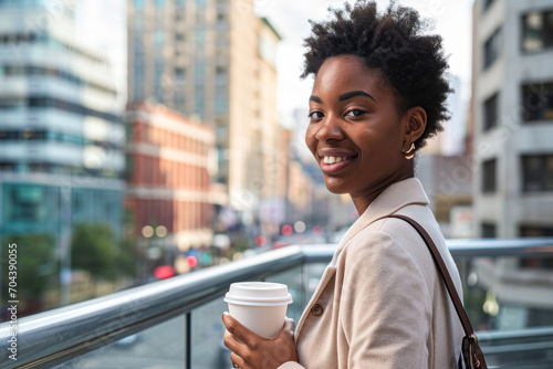 Young african woman outdoors. Beautiful woman with messy hair drinking coffee.