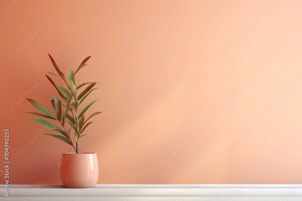 Minimalist abstract delicate peach fuzz color wall background with a plant on the floor in sunlight